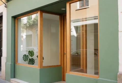 Clean minimalist psychology clinic entrance featuring green walls, wooden windows, and a visible monstera plant in natural light.