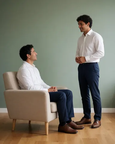 A relaxed male client smiling warmly while seated in a modern office during a professional psychological consultation