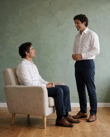 A relaxed male client smiling warmly while seated in a modern office during a professional psychological consultation