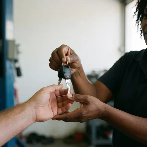 Close-up of hands exchanging car keys during a professional vehicle service handover at an auto repair facility
