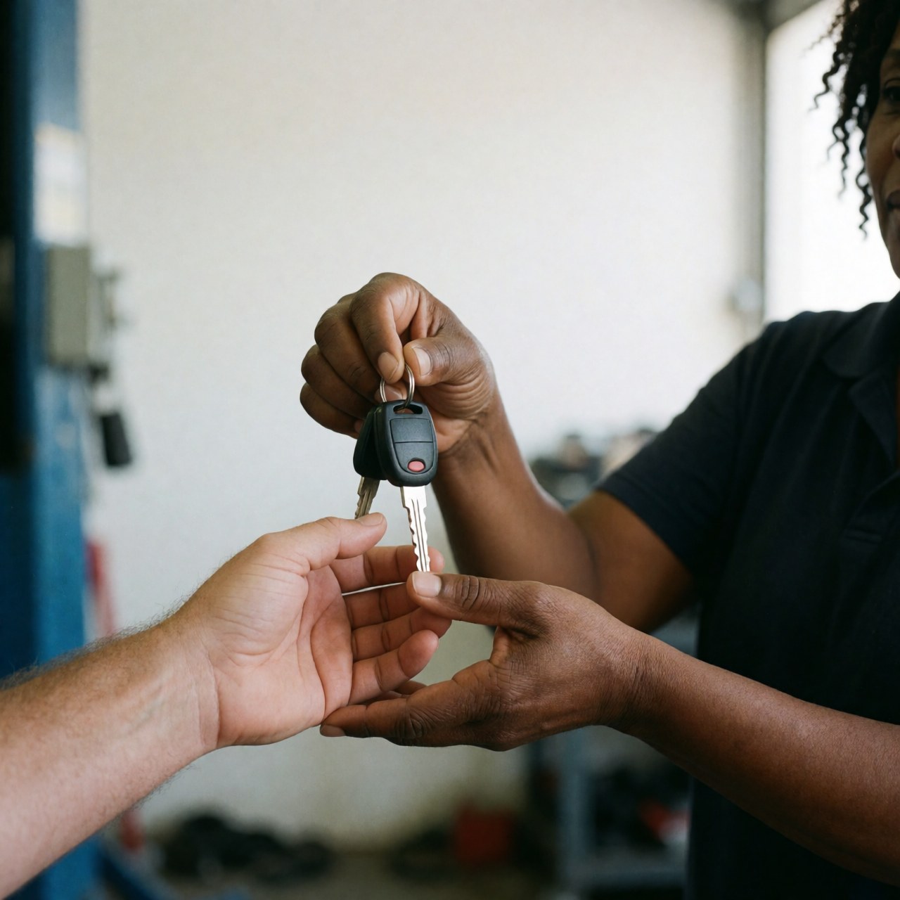 Close-up of hands exchanging car keys during a professional vehicle service handover at an auto repair facility