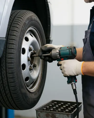 Professional mechanic using an impact wrench to remove a tire from a vehicle in a well-lit garage with tools visible