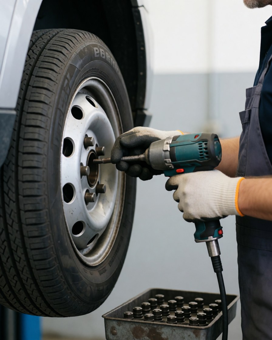 Professional mechanic using an impact wrench to remove a tire from a vehicle in a well-lit garage with tools visible