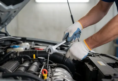A mechanic wearing gloves tightens a screw on a car engine in a well-lit auto repair shop with tools visible in the background.