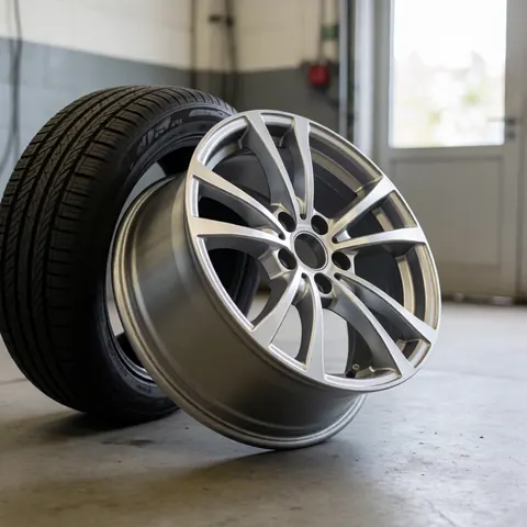 New rim and tire in auto repair shop with natural lighting and concrete floor for professional automotive service