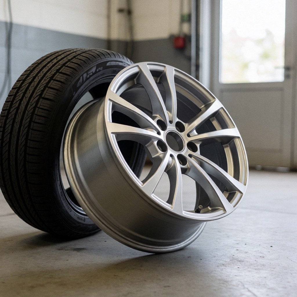 New rim and tire in auto repair shop with natural lighting and concrete floor for professional automotive service