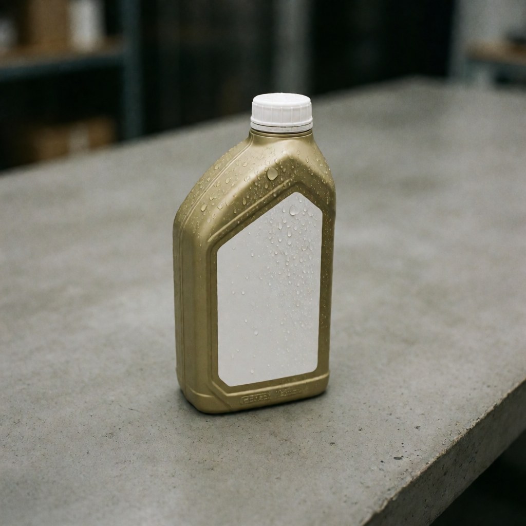 A plastic bottle of synthetic motor oil placed on a concrete table with a blurred background, suitable for auto repair and automotive service contexts.