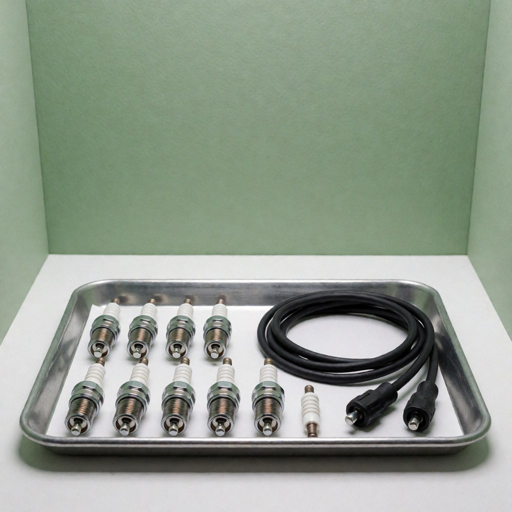 A set of clean spark plugs and ignition cables arranged neatly on a metal tray against a green background for automotive repair product display