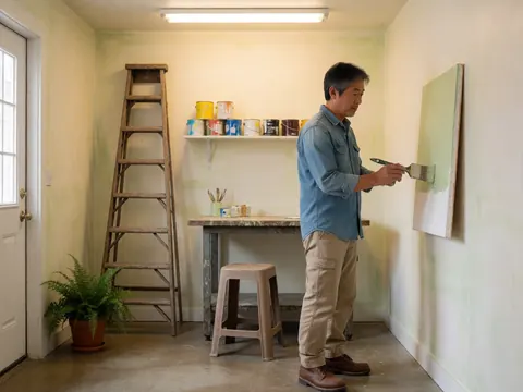 Close-up of skilled hands holding a paintbrush, applying paint to a surface in a well-lit workspace with art supplies nearby