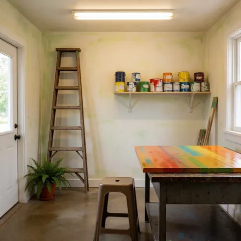 Close-up of a smooth painted wooden surface with paint cans, tools, and furniture nearby