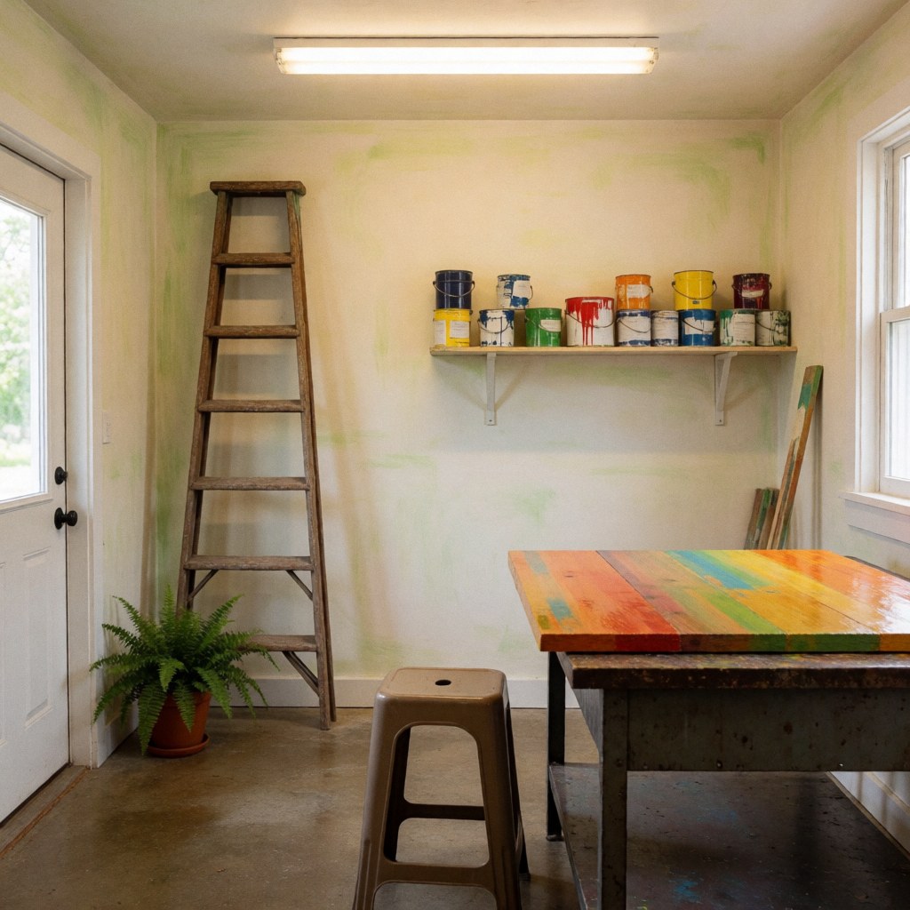 Close-up of a smooth painted wooden surface with paint cans, tools, and furniture nearby