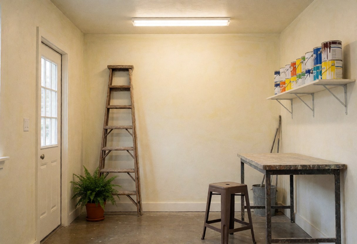 Empty painting workshop featuring light walls, a wooden ladder, paint cans on a shelf, a work table, and a plastic chair.