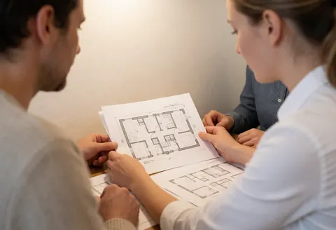 A real estate professional reviews architectural house plans with a client at a table in a cafe setting