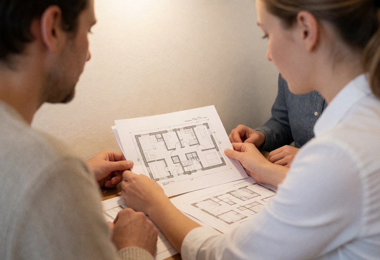 A real estate professional reviews architectural house plans with a client at a table in a cafe setting