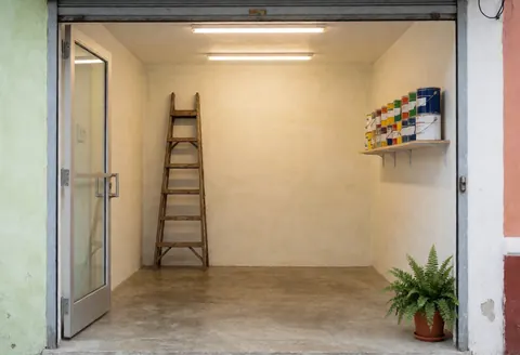 Entrance to a paint workshop featuring cream walls, concrete floor, wooden ladder, colorful paint cans on shelves, and a plant near the door.