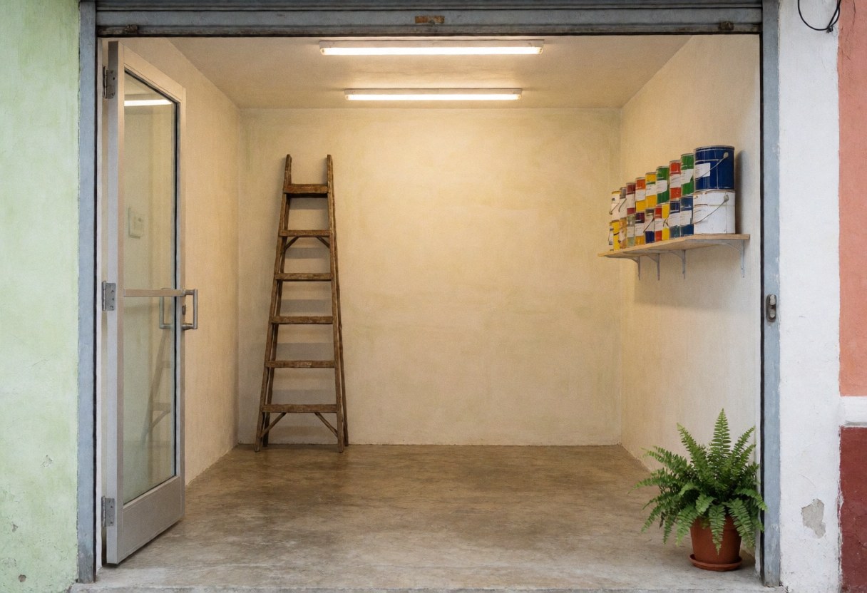 Entrance to a paint workshop featuring cream walls, concrete floor, wooden ladder, colorful paint cans on shelves, and a plant near the door.