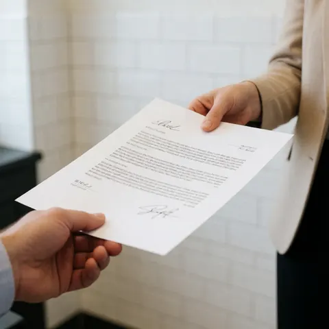 A close-up view of two hands signing a document on a white tiled office desk, symbolizing a professional agreement and trust in a business transaction.