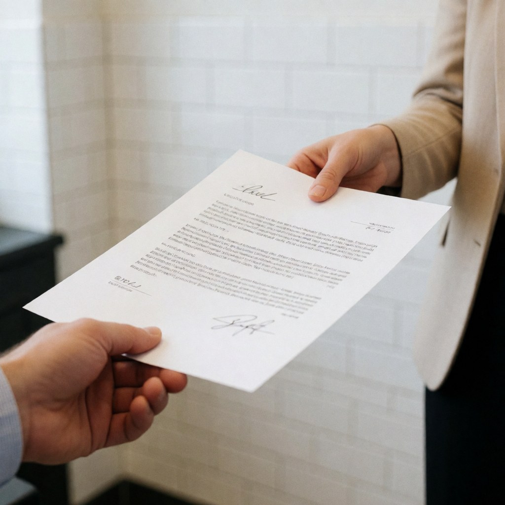 A close-up view of two hands signing a document on a white tiled office desk, symbolizing a professional agreement and trust in a business transaction.
