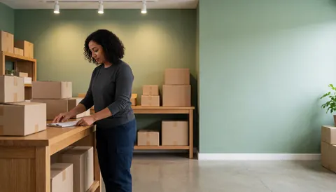 Woman organizing packages on a wooden table in a shipping studio with green walls, polished floor, shelves, and cardboard boxes