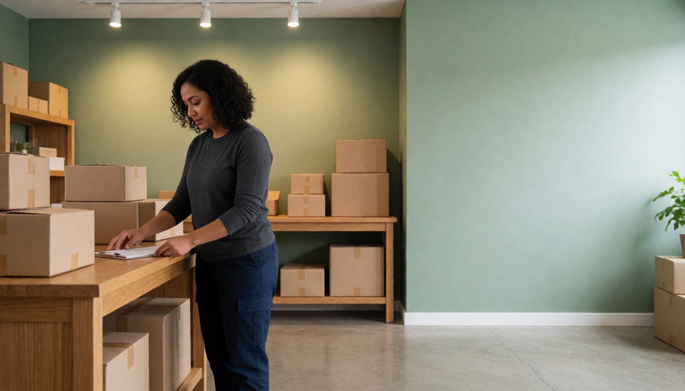 Woman organizing packages on a wooden table in a shipping studio with green walls, polished floor, shelves, and cardboard boxes
