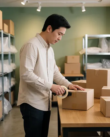 A man carefully wraps a cardboard box with tape in a shipping workshop with green walls, metal shelves, and bubble wrap under warm lighting.
