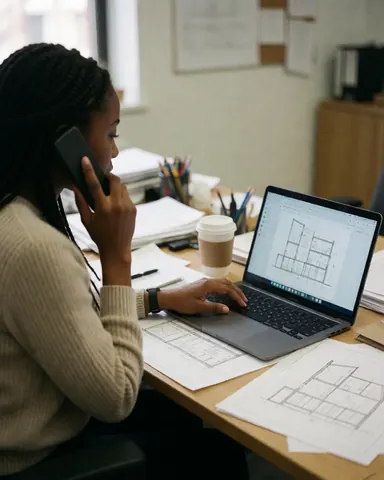 A woman architect working at her desk with blueprints, laptop, and coffee while managing her interior design business