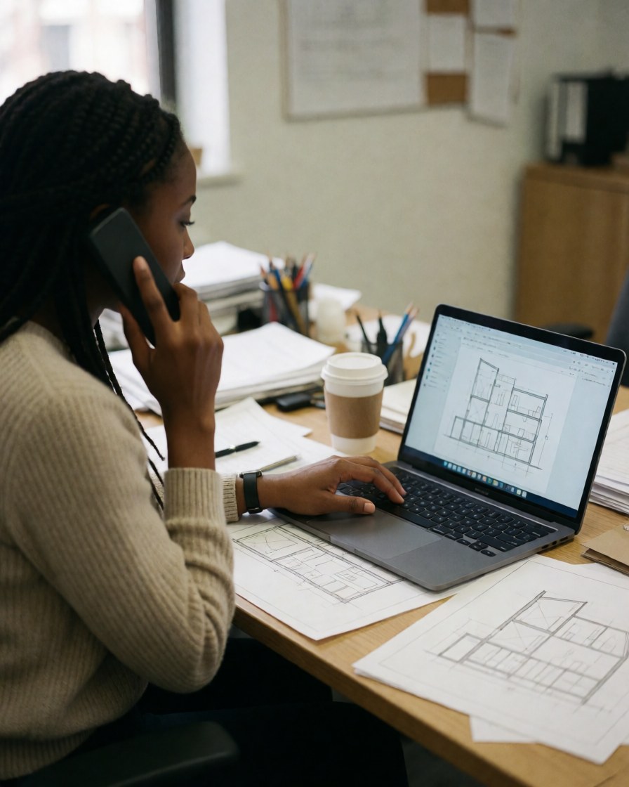 A woman architect working at her desk with blueprints, laptop, and coffee while managing her interior design business
