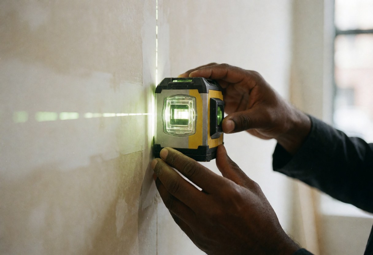 A close-up view of a laser level projecting a precise horizontal line onto a wall during an interior installation or construction project.