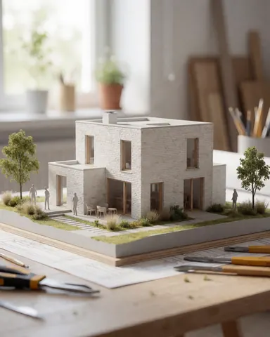 Scale model of a modern house featuring white brick walls, a garden, trees, and design tools on a worktable.