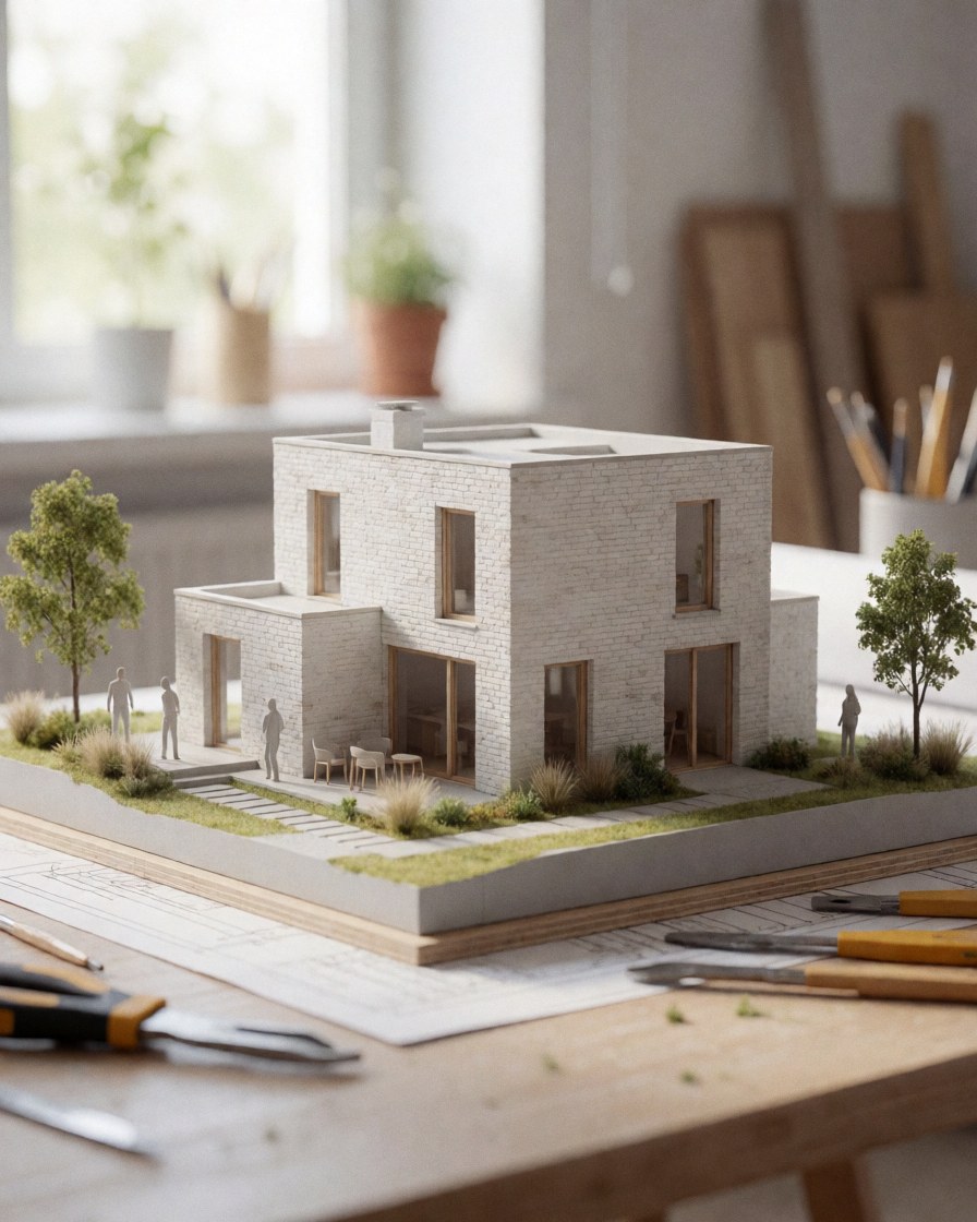 Scale model of a modern house featuring white brick walls, a garden, trees, and design tools on a worktable.