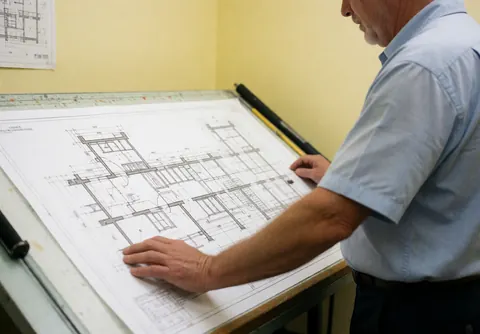 Professional architect examining architectural blueprints on a drafting table in a bright office with yellow walls, conveying a serious and focused work environment.
