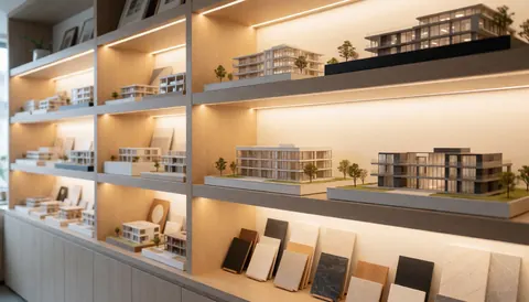 Illuminated shelf displaying architectural building models and interior design material samples with warm lighting and blurred background for text overlay