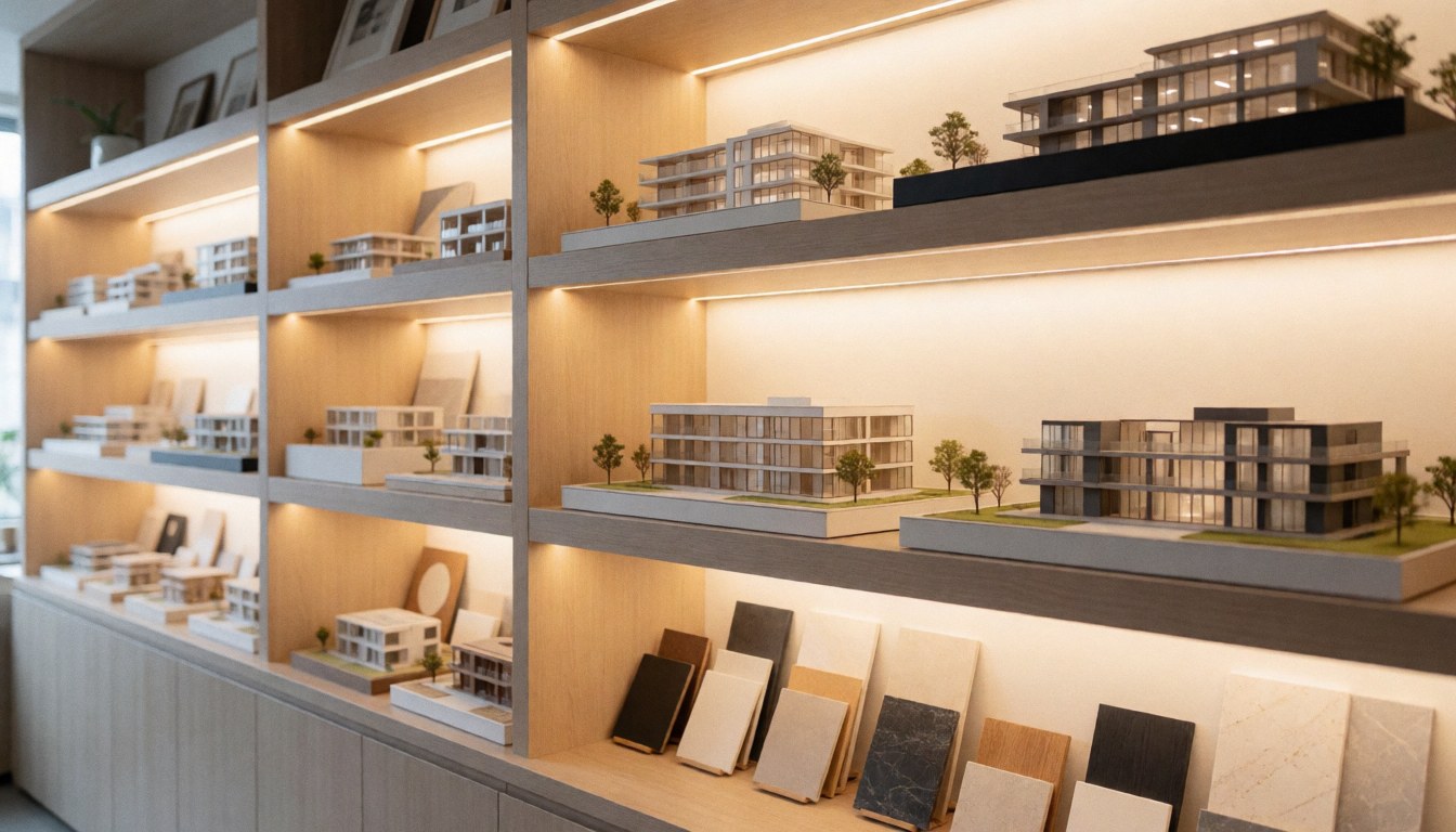 Illuminated shelf displaying architectural building models and interior design material samples with warm lighting and blurred background for text overlay