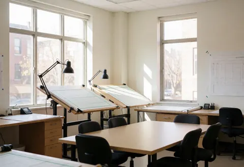 Empty architectural studio featuring drafting tables, chairs, large windows, and natural light in a calm professional environment