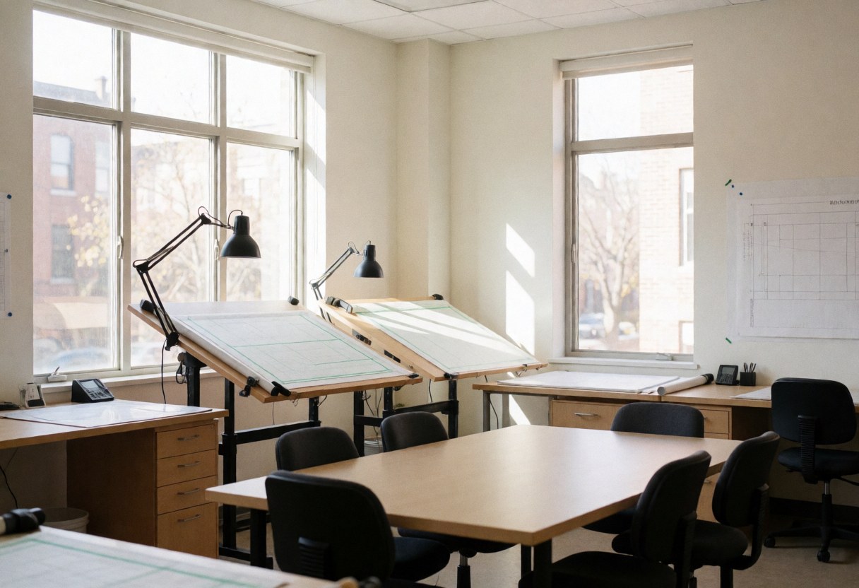 Empty architectural studio featuring drafting tables, chairs, large windows, and natural light in a calm professional environment