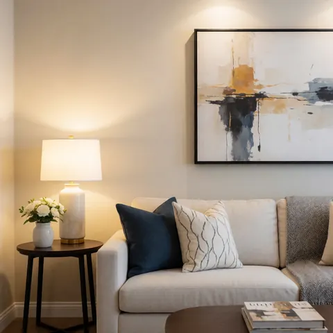 Beige sofa with decorative pillows, abstract painting, white flowers, and warm lighting in a serene modern interior