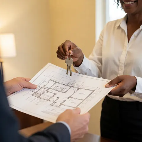 Close-up of hands exchanging house keys and rolled architectural blueprints during a professional project handover meeting