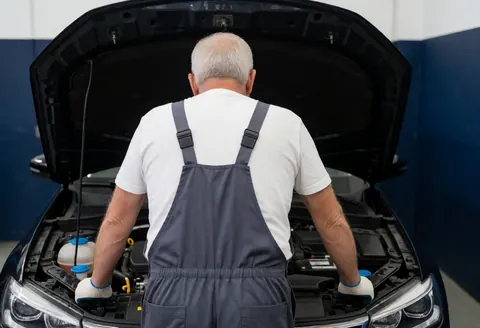 A professional mechanic wearing gloves inspects the engine of a vehicle in an auto repair shop using diagnostic tools.