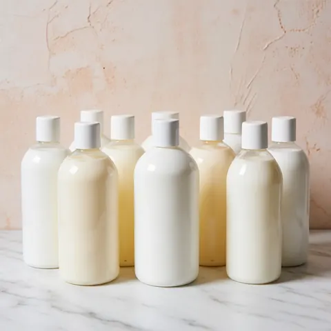 White and yellow pet shampoo and conditioner bottles arranged on a white marble surface against a light terracotta wall with clean commercial lighting