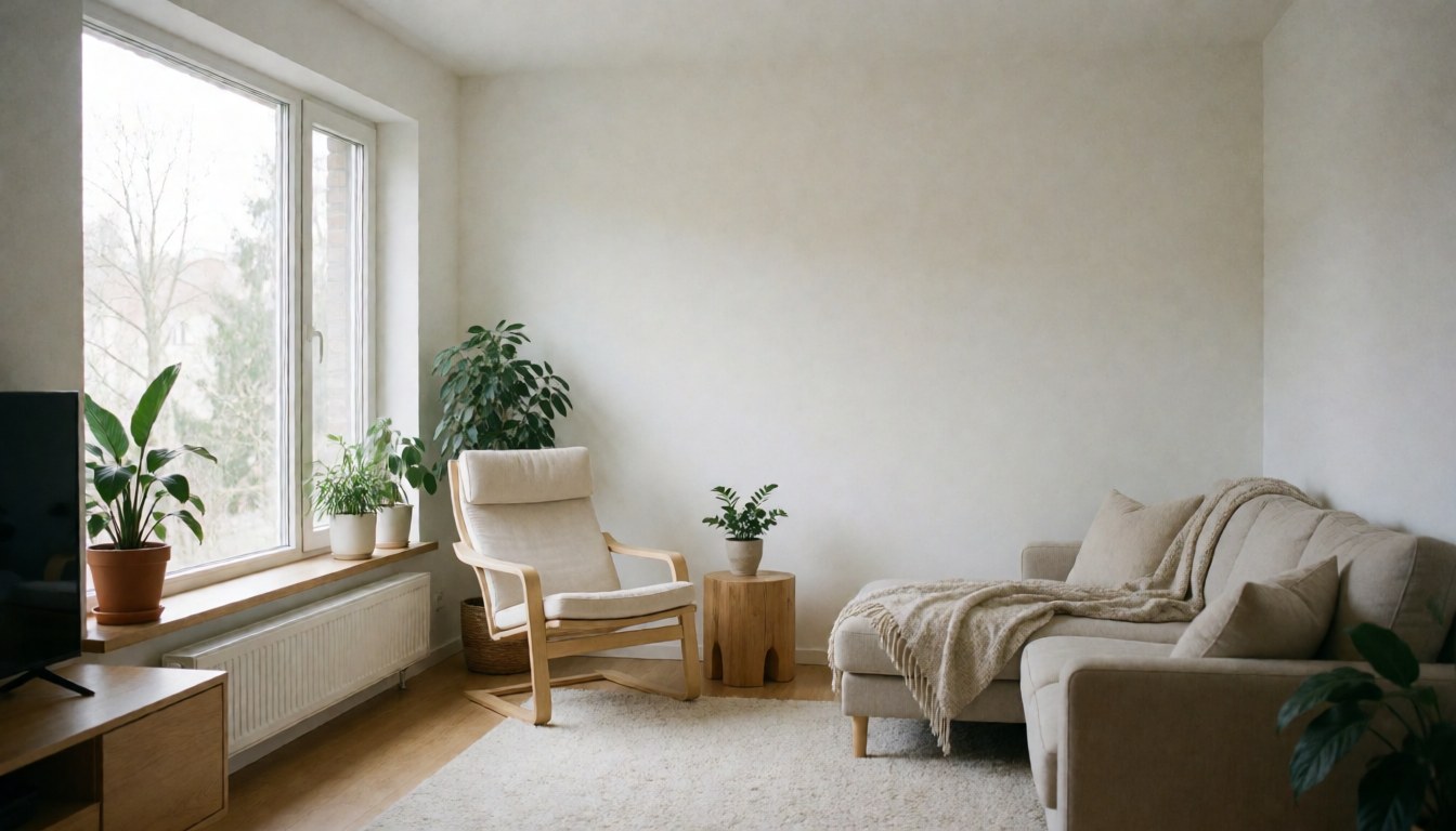Bright modern living room featuring wooden furniture, green plants, and natural light streaming through a large window, ideal for interior design projects.