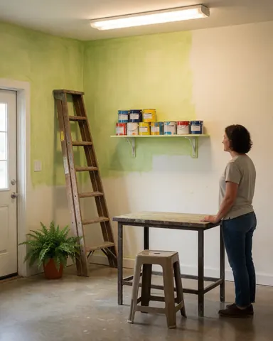 A satisfied client stands in a paint workshop, looking at a newly painted wall with a ladder and paint supplies nearby