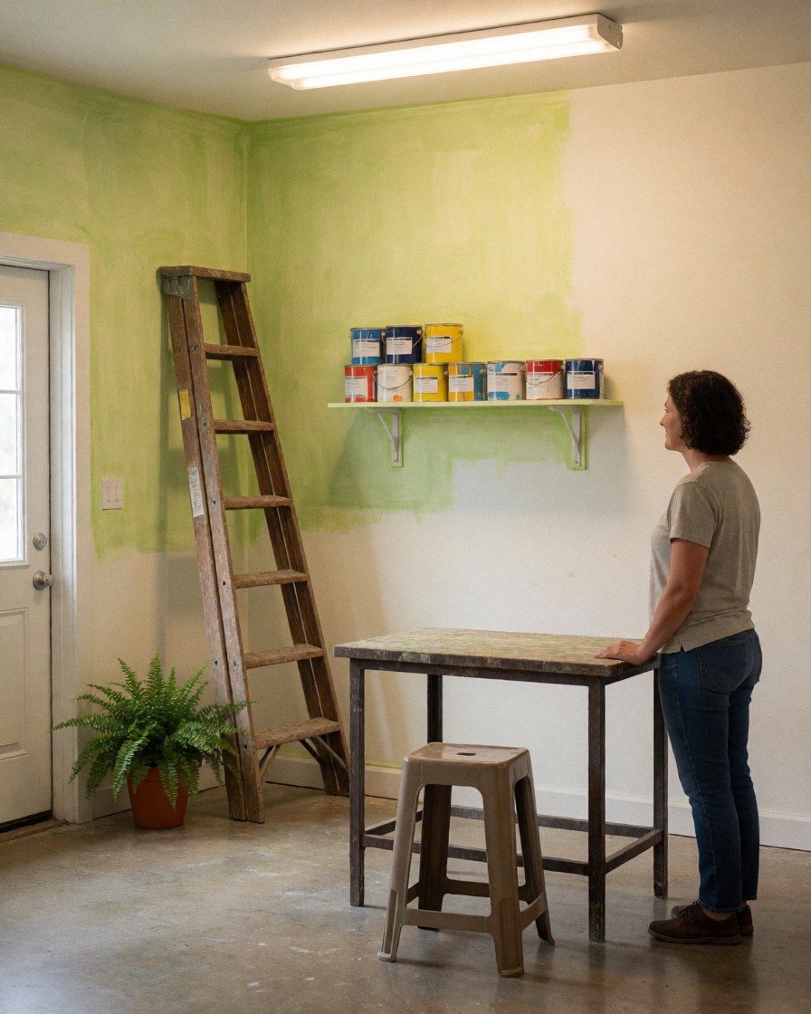 A satisfied client stands in a paint workshop, looking at a newly painted wall with a ladder and paint supplies nearby