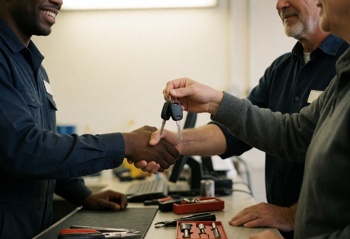 Close-up of a mechanic's hands handing car keys to a satisfied customer in an auto repair shop with tools visible in the background