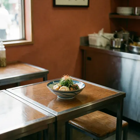 A special traditional meal served on a ceramic plate placed on a wooden table in a restaurant setting