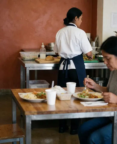 A satisfied customer sits at a wooden table in a cozy restaurant with terracotta walls, enjoying a meal with utensils and dishes visible in a clean and welcoming atmosphere.