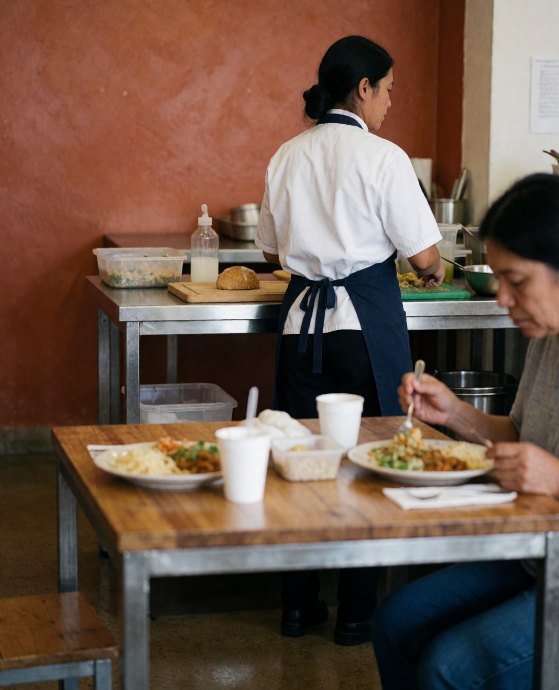 A satisfied customer sits at a wooden table in a cozy restaurant with terracotta walls, enjoying a meal with utensils and dishes visible in a clean and welcoming atmosphere.