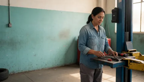 A female mechanic standing in a quiet auto repair garage, wearing work clothes and looking at the camera with a professional demeanor.