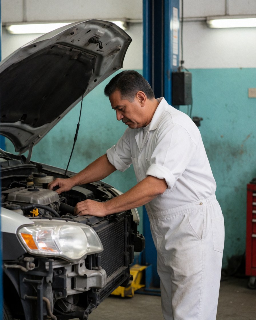 A professional mechanic in uniform working on a car engine in an auto repair shop