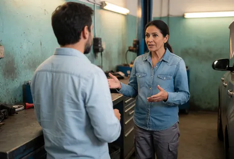 A woman in a workshop explains car repair details to a client against turquoise walls with visible tools and warm lighting.