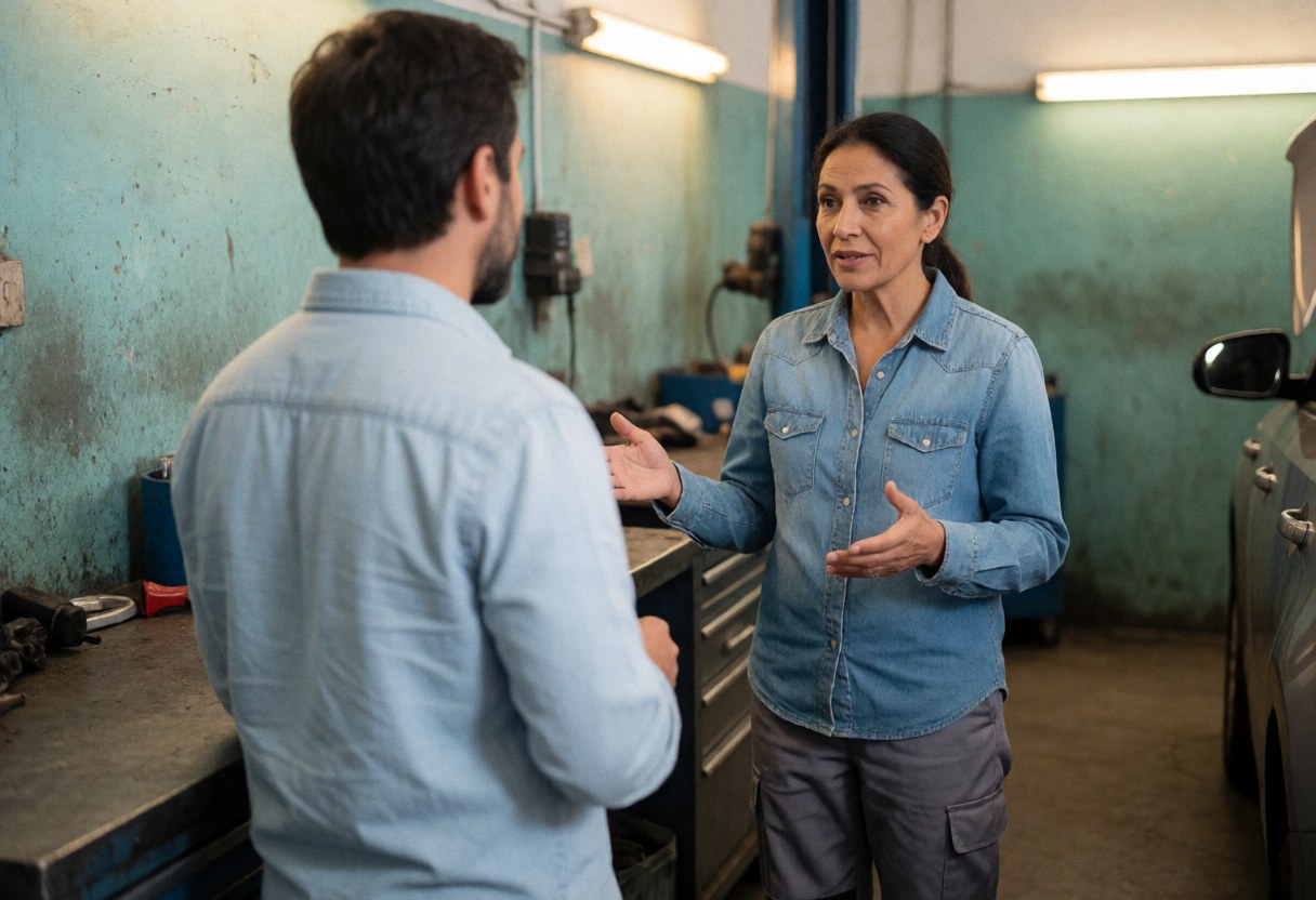 A woman in a workshop explains car repair details to a client against turquoise walls with visible tools and warm lighting.